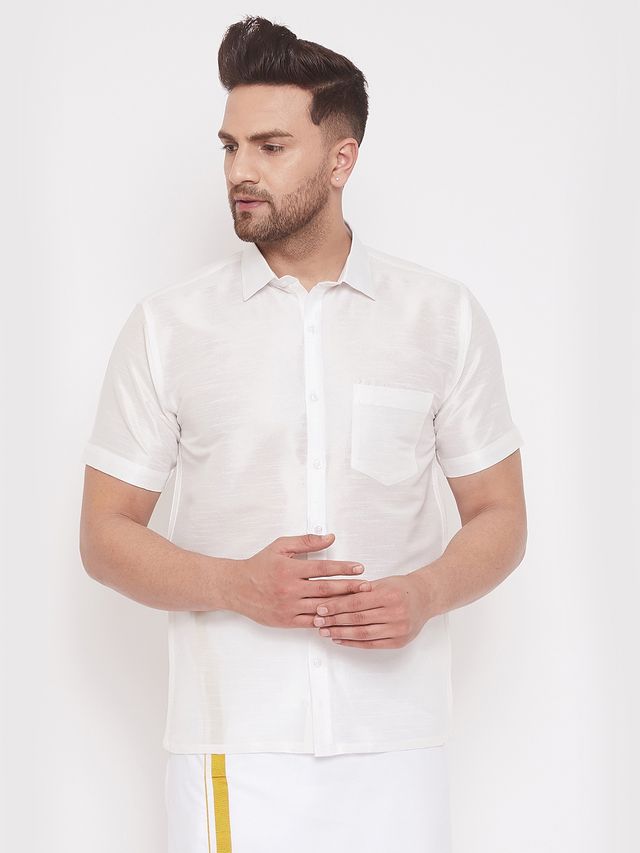 Vastramay Men's Silk Blend Ethnic Shirt | White - L