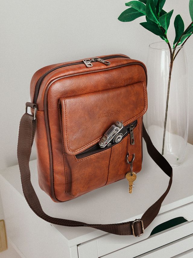 Fur Jaden Unisex Solid Vegan Leather Crossbody Bag | Tan