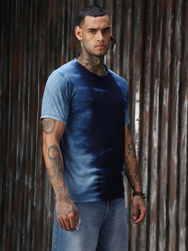 High Star Men's Tie & Dye Round Neck T-Shirt | Blue - L