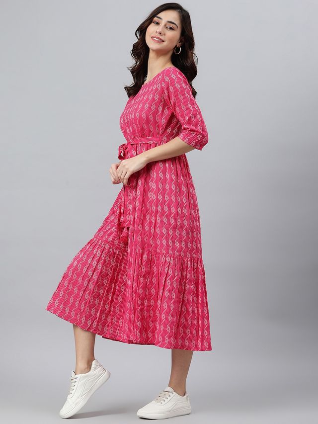 Janasya Women's Pink Pure Cotton Woven Design Tiered Dress - XL