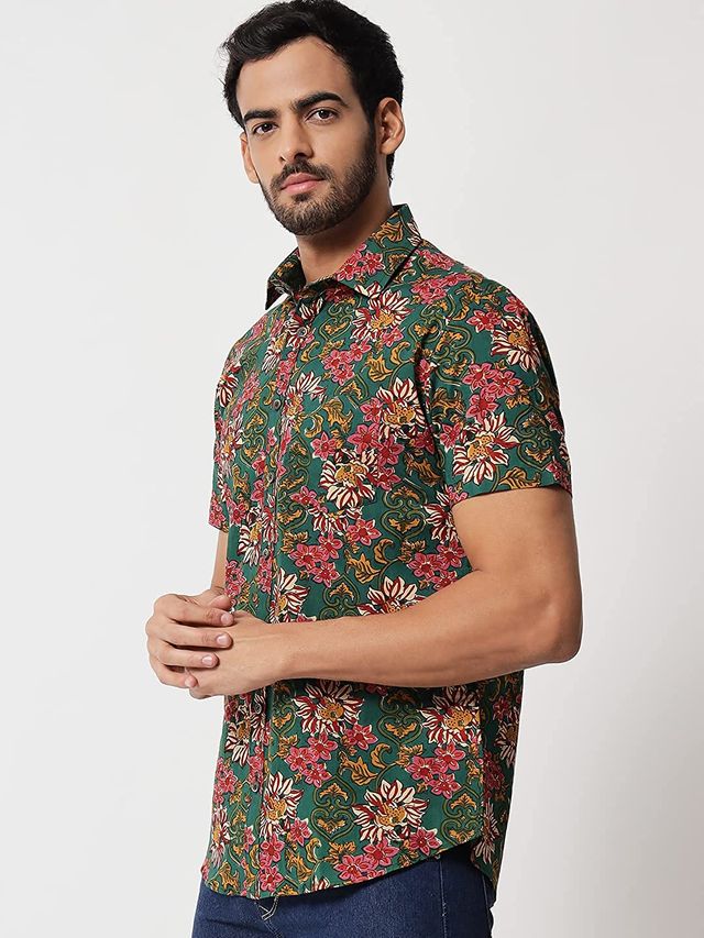Sanskrutihomes Original Floral Printed Casual Shirt for Men | Green | M