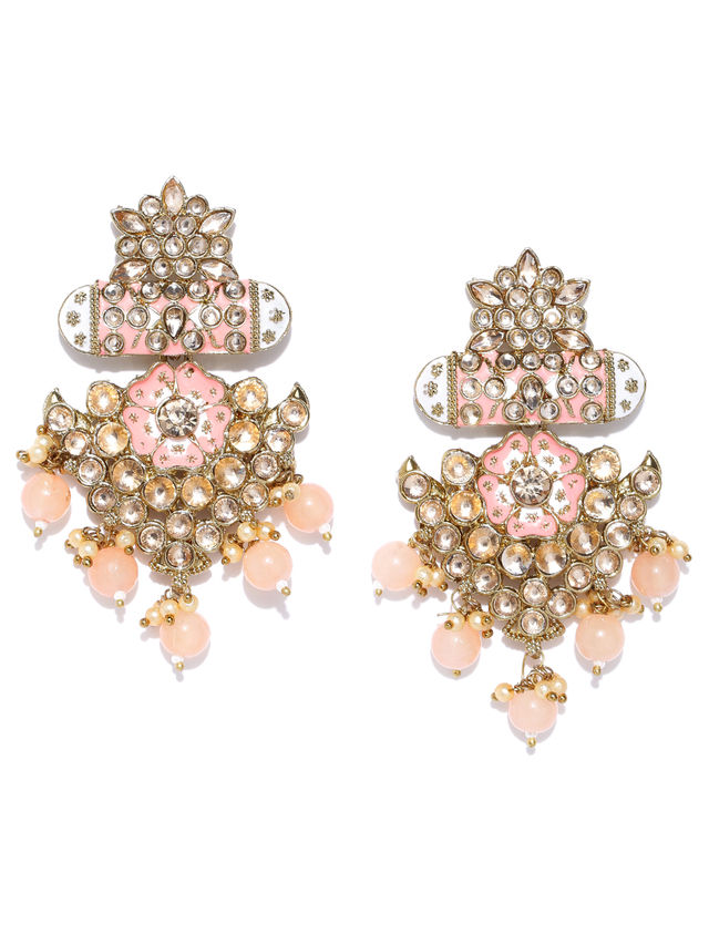 Priyaasi Gold-Plated Stone Studded Meenakari Earrings with Beads Drop in Peach Color