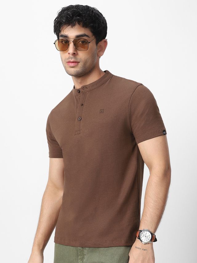 Urbano Fashion Men's Slim Fit Solid Mandarin Collar Half Sleeve Cotton T-Shirt | Cocoa Brown - XL