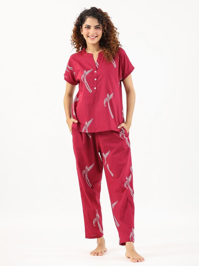Sanskrutihomes Conversational Printed Mandarin Collar Pure Cotton Night Suit | Magenta - L