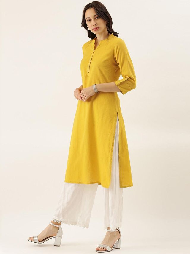 Divena women's Yellow Solid Straight Roll up Sleeve Kurti DK0565 | XL