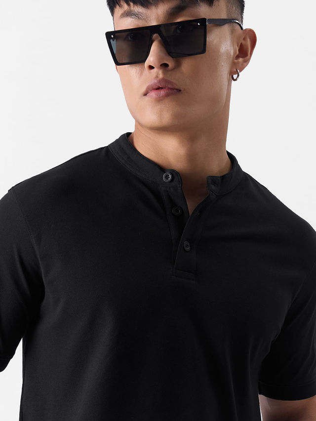 The Souled Store Men's Regular Solids- Midnight Black Mandarin Polo | 2XL