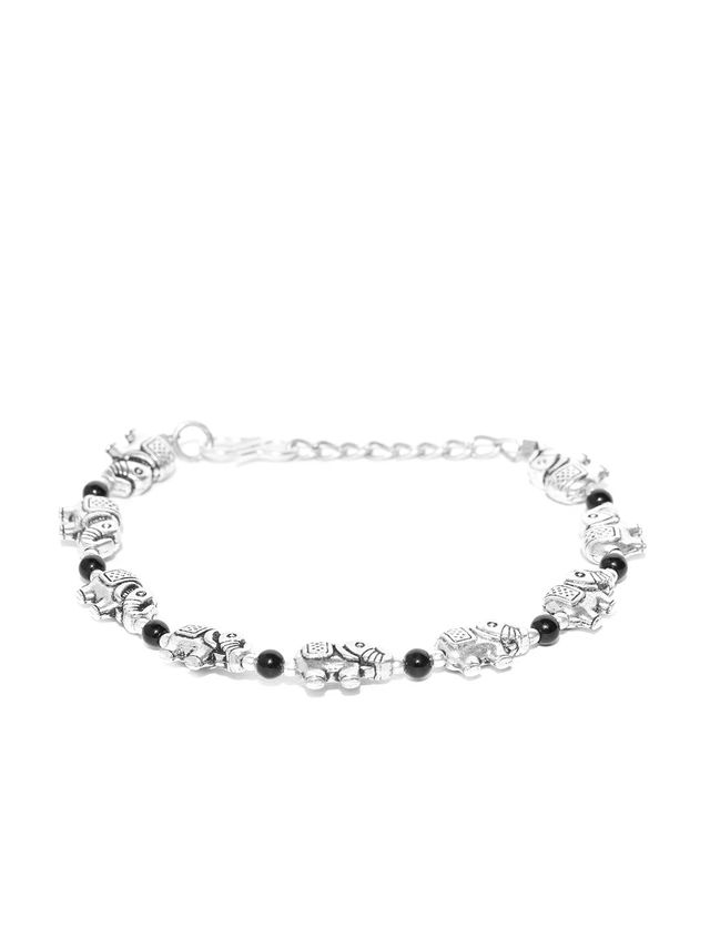 Priyaasi Antique Oxidised Silver-Toned Elephant Inspired Adjustable Chain Bracelet