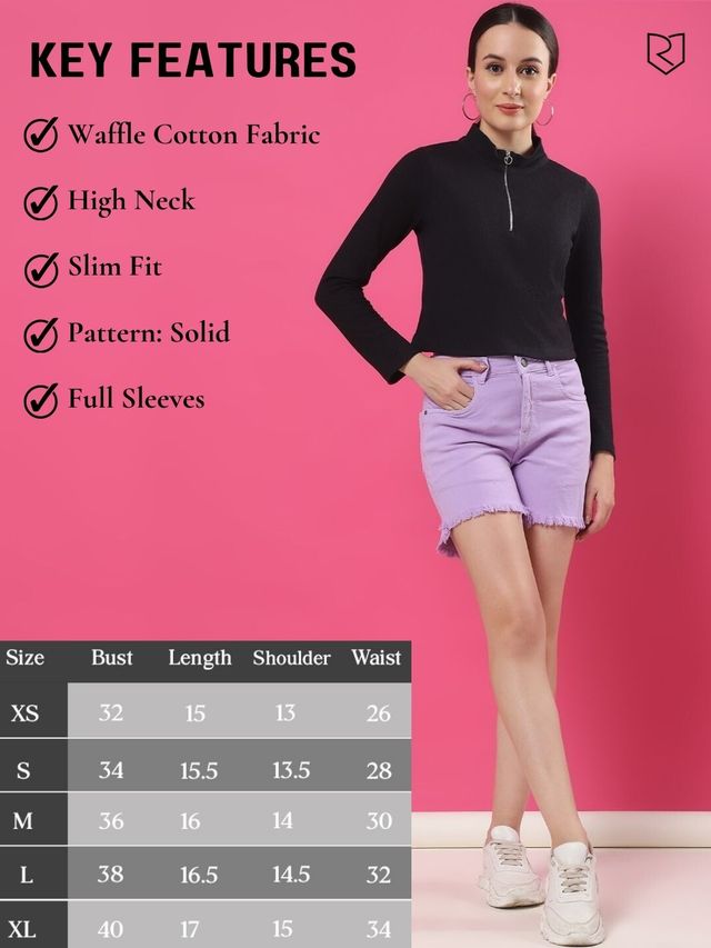 Rigo Women High Collar Half Zipper Waffle Knit Top | Black - L