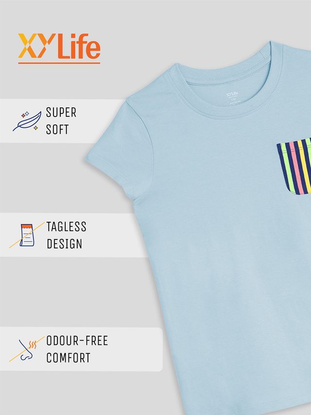 XY Life Girl's Arcade Intelliease Combed Cotton T-shirt | Ice Blue - 11 to 12 years
