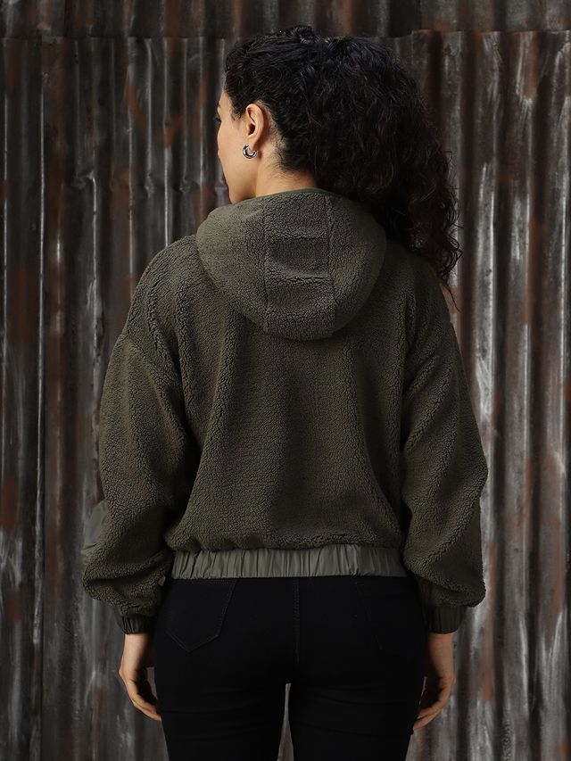 High Star Women's Self Design Hooded Front-Open Crop Sweatshirt | Olive - S