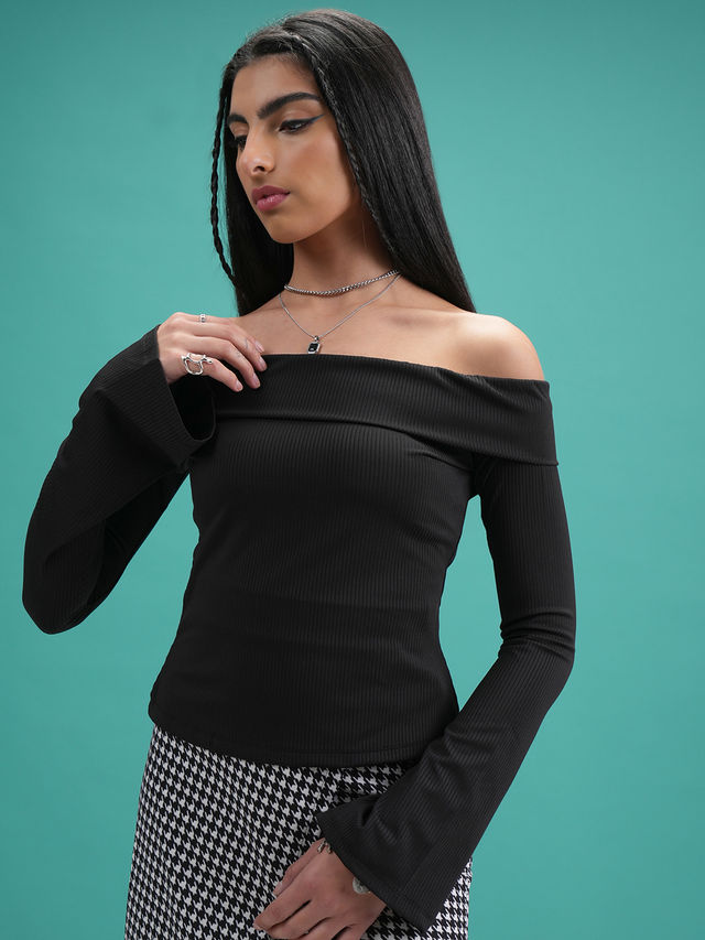 Tokyo Talkies Women's Rib Off Shoulder Bell Long Sleeve Top - Buy