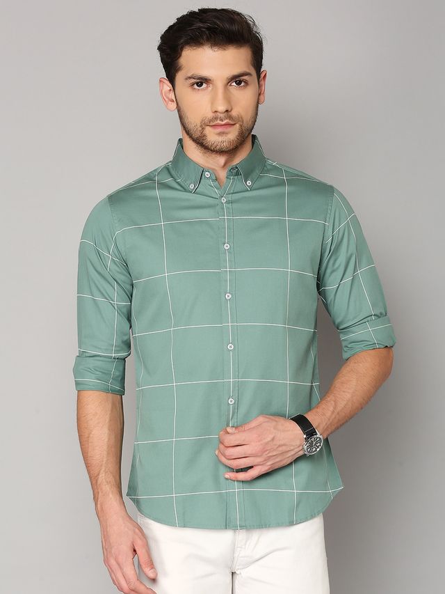 Dennis Lingo Men's Windowpane Checked Slim Fit Casual Shirt | Green | S