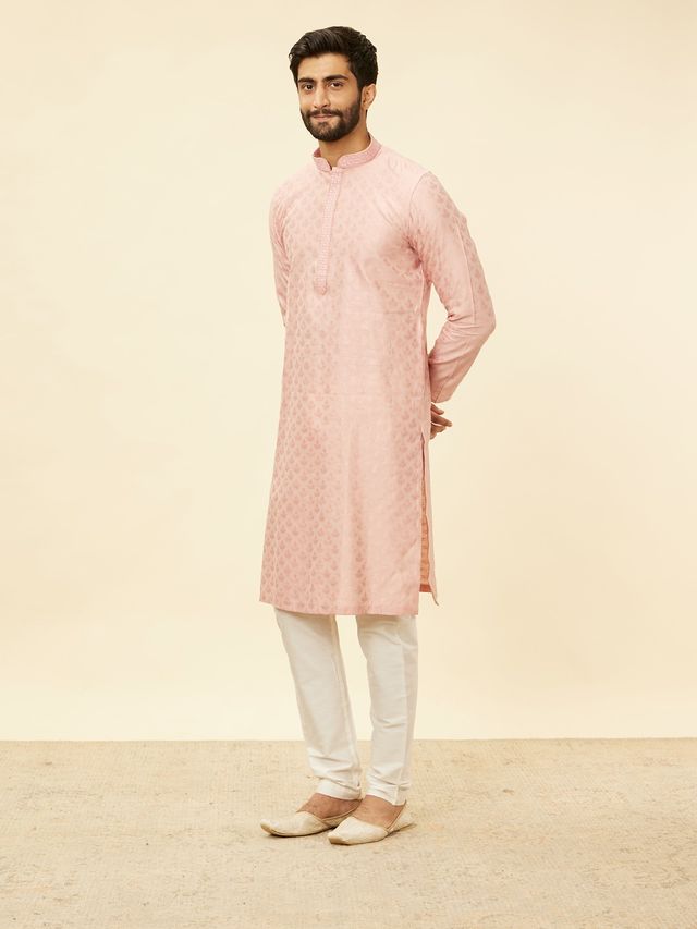 Manyavar Pink Blended Viscose Self Design Kurta Set | L