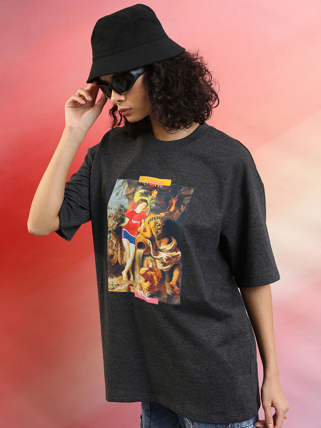 Tokyo Talkies Women's Graphic Printed Oversized T-Shirt | Charcoal - XL