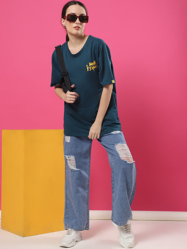 Rigo Women Terry Oversized Back Printed T-shirt | Teal - L