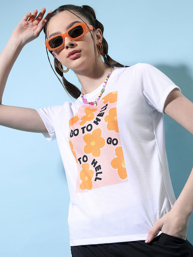 Tokyo Talkies Women's Floral Printed Round Neck T-Shirt | White - M