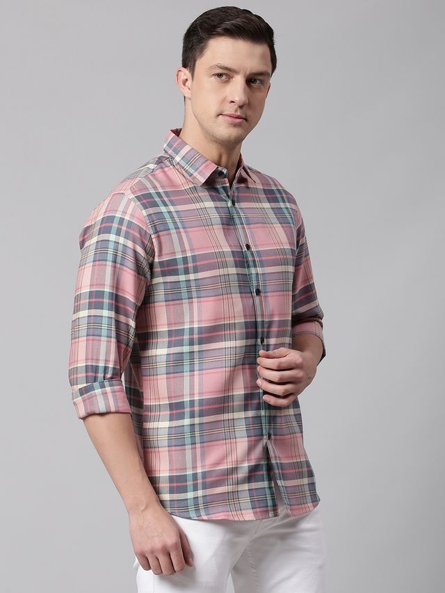 Dennis Lingo Men's Slim Fit Polycotton Casual Shirt | Pink Green | L