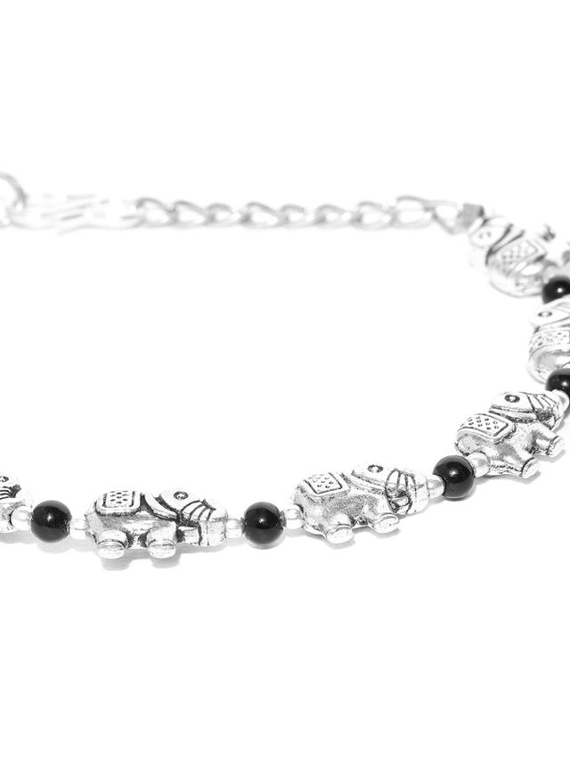 Priyaasi Antique Oxidised Silver-Toned Elephant Inspired Adjustable Chain Bracelet