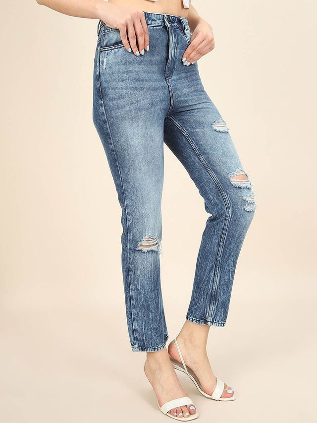 Freehand Women's Distress Straight Fit Jeans | Blue - 30