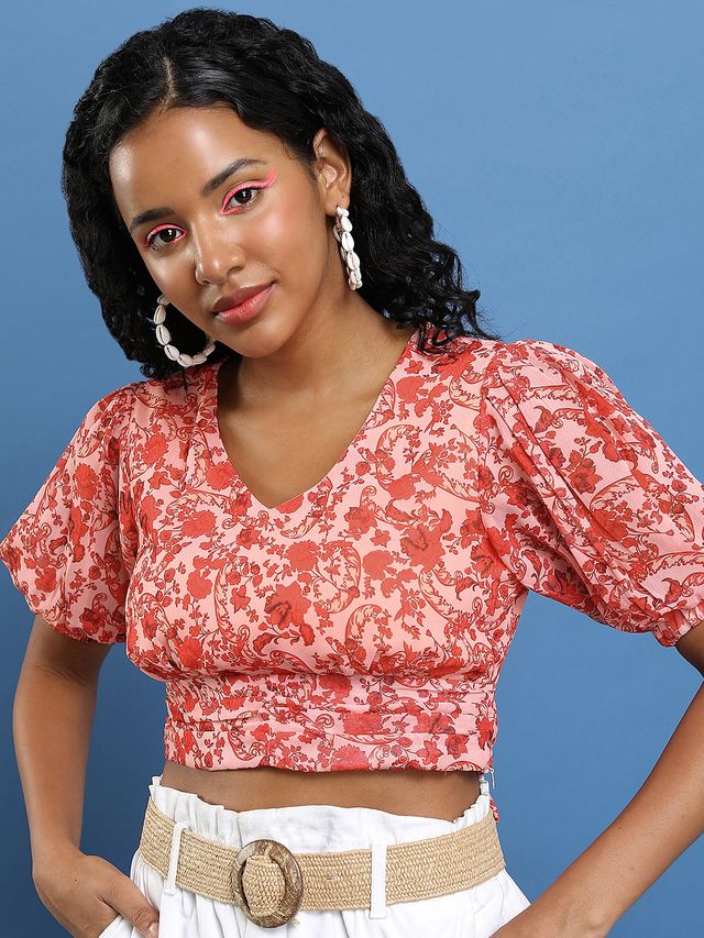 Ketch Women's Floral Printed V-Neck Puff Sleeves Tie-Up Blouson Crop Top | Multicolor - L