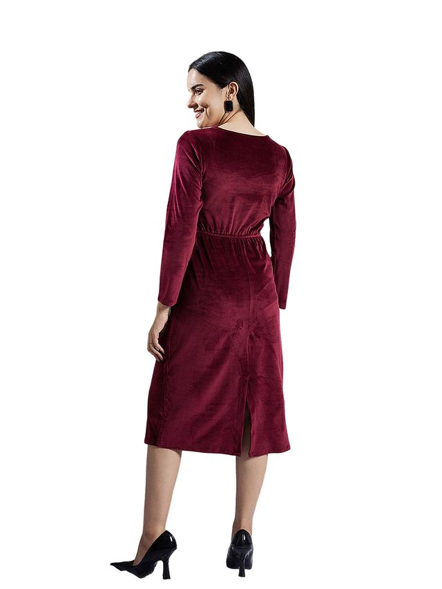 Athena Women's Sweetheart Neck Embellished Detailed A-Line Midi Dress | Maroon - L