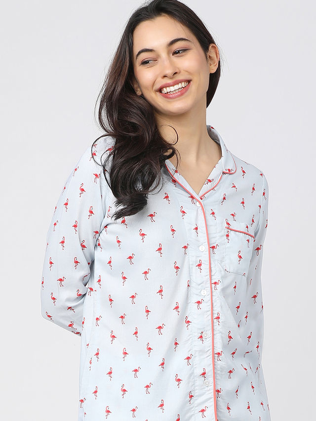 Tokyo Talkies Women's Printed Sleep Shirt | Coral and Blue - M