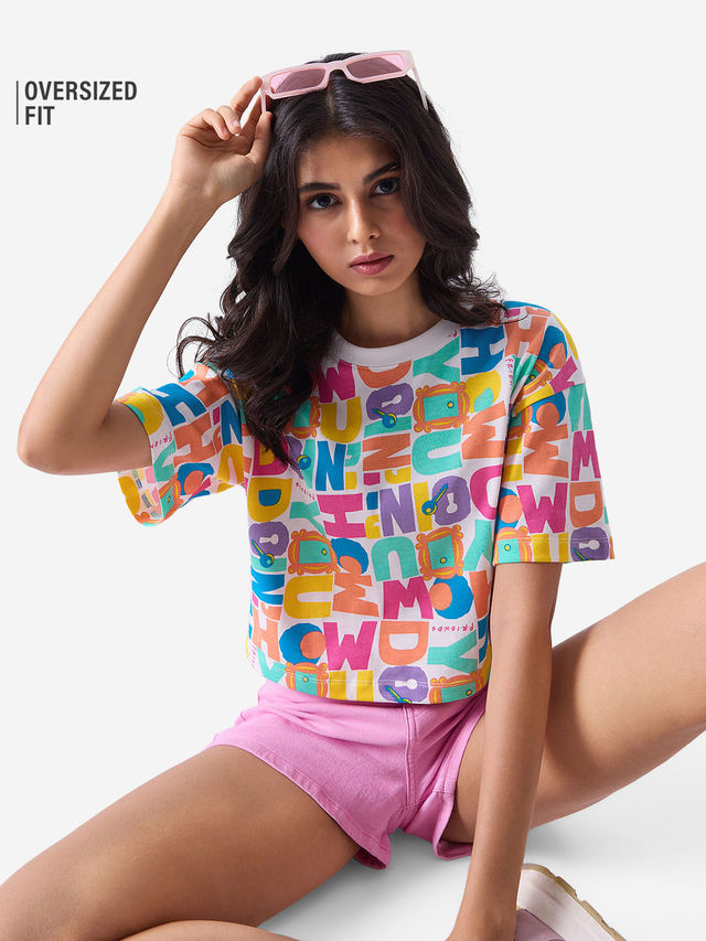 The Souled Store Women's F.R.I.E.N.D.S Doodle Oversized Cropped T-shirt | White - M