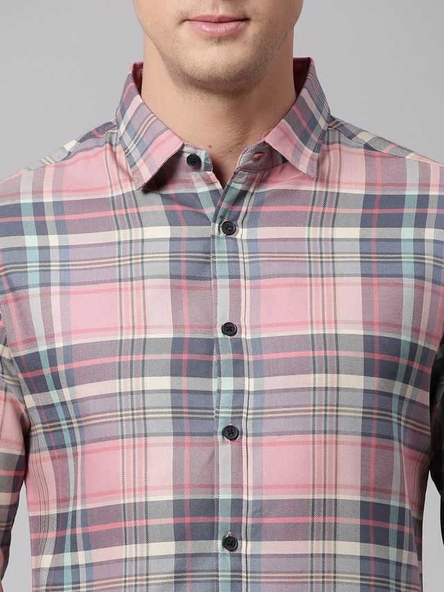 Dennis Lingo Men's Slim Fit Polycotton Casual Shirt | Pink Green | L
