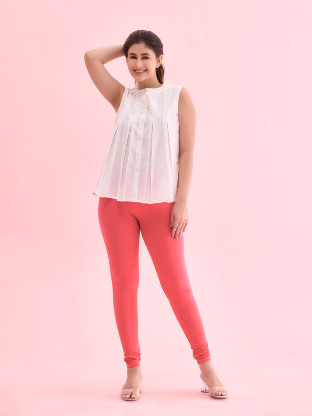 Go Colors Women's Solid Mid Rise Churidar | Coral - XL