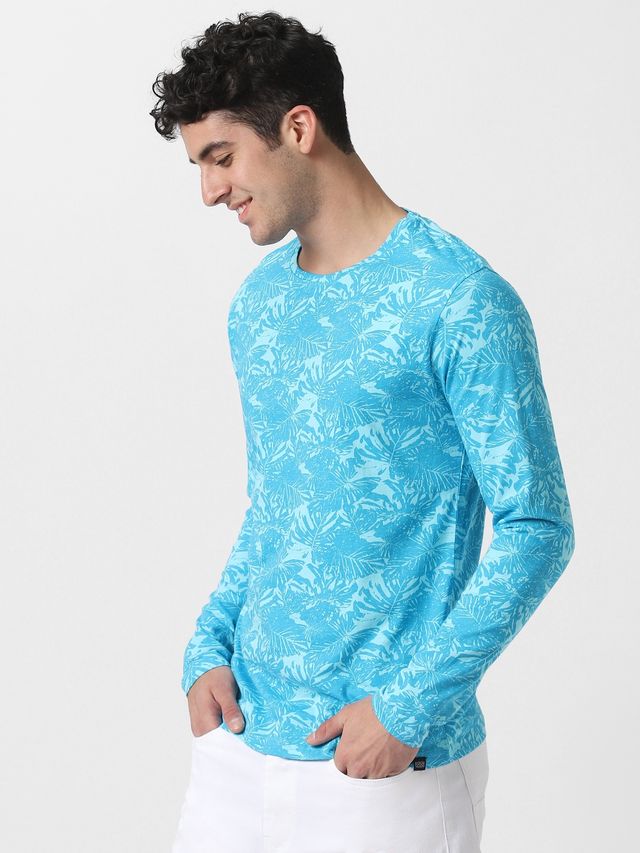 Urbano Fashion Men's Aqua Blue Printed Full Sleeve Slim Fit Cotton T-Shirt-Xl