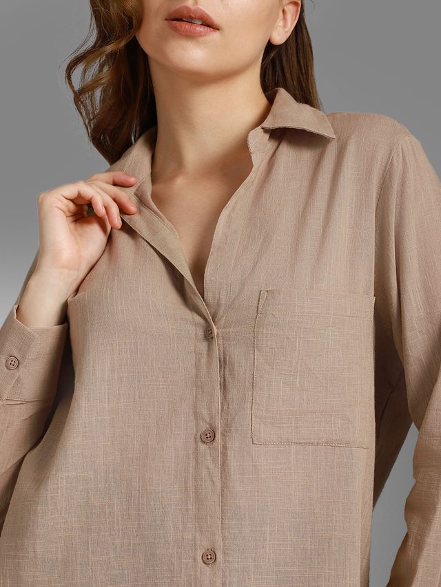 High Star Women Sand Classic Spread Collar Long Sleeves Cotton Casual Shirt (Size-XL)
