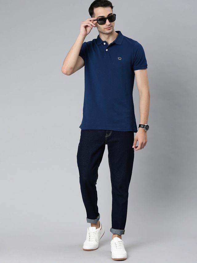 The Bear House Men Slim Fit Overdyed Polo T-shirt - Plot | Blue | L