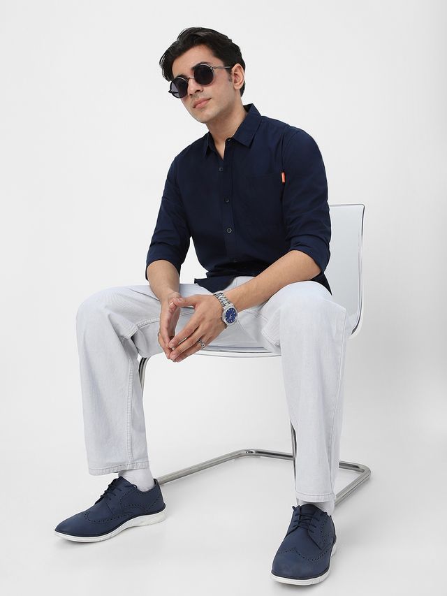 Urbano Fashion Men's Navy Cotton Full Sleeve Regular Fit Casual Solid Shirt-S