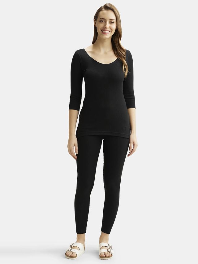 Jockey 2503 Women's Super Combed Cotton Rich 3/4 Sleeve Thermal Top | Black-M