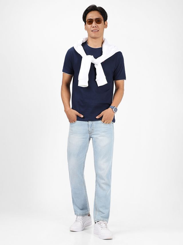 Urbano Fashion Men's Slim Fit Solid Round Neck Half Sleeve Cotton T-Shirt | Navy Blue - S