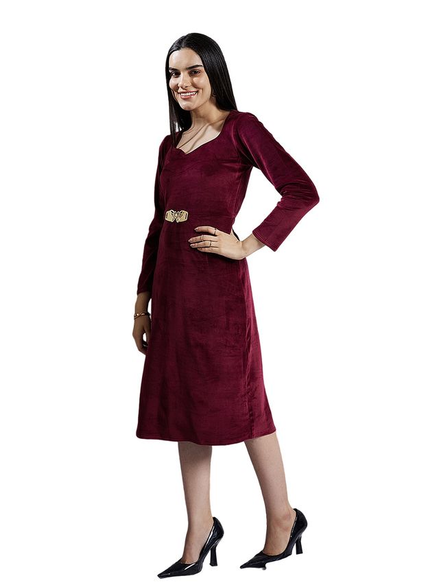 Athena Women's Sweetheart Neck Embellished Detailed A-Line Midi Dress | Maroon - L
