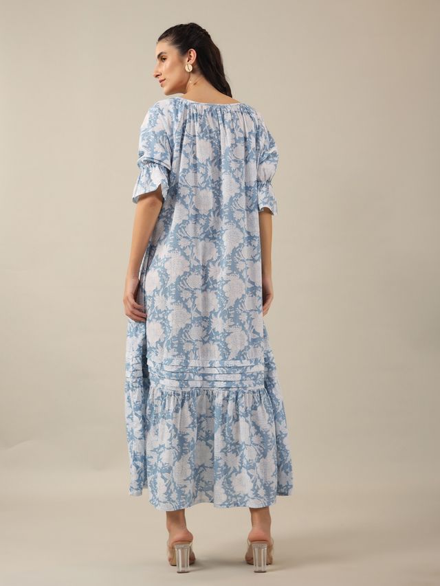 Sanskrutihomes Floral Printed Tie-Up Neck Puff Sleeves Cotton A-Line Midi Dress - Women | Blue | L