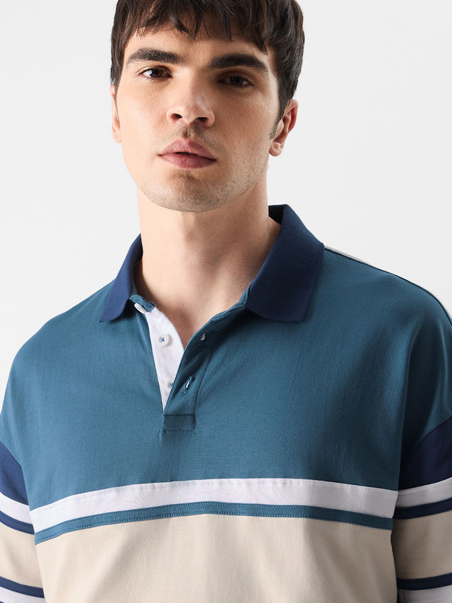 The Souled Store Men's Solids Colourblock Oversized Polo | Ocean Blue - M