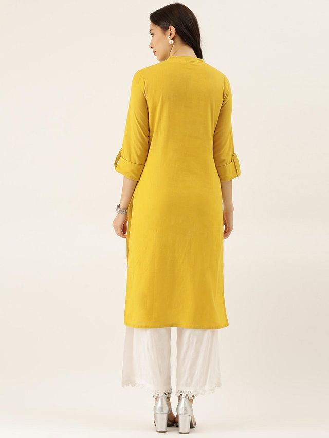 Divena women's Yellow Solid Straight Roll up Sleeve Kurti DK0565 | XL