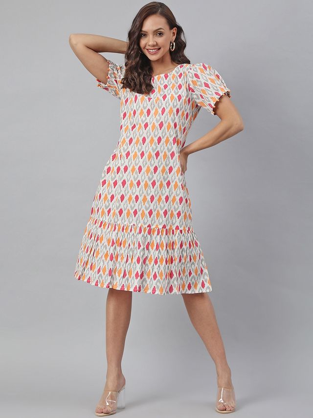Janasya Women's Off White Pure Cotton Printed A-line Western Dress - 2XL
