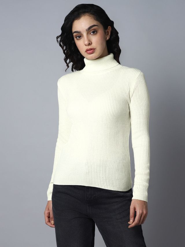 High Star Women's Ribbed Turtle Neck Long Sleeves Acrylic Pullover Sweater | White - XL