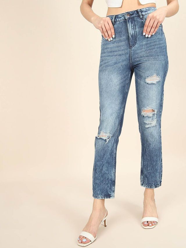 Freehand Women's Distress Straight Fit Jeans | Blue - 30