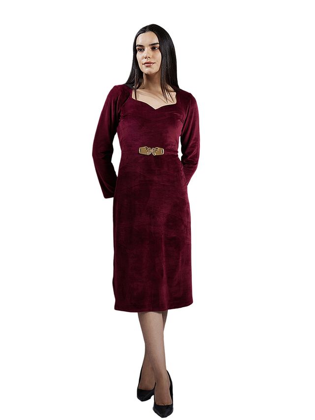Athena Women's Sweetheart Neck Embellished Detailed A-Line Midi Dress | Maroon - L