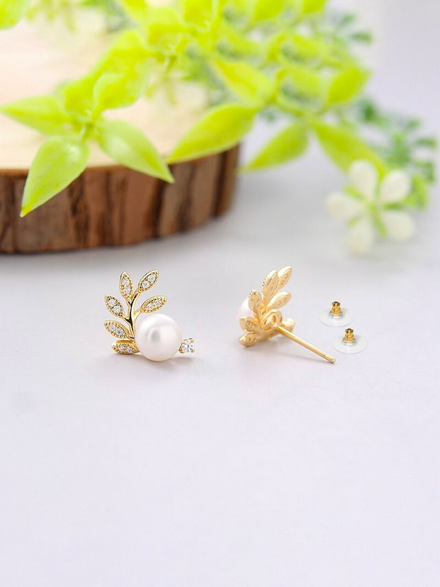 Yellow Chimes Gold Tone Leaflet Designed Pearl Studded Earrings for Women