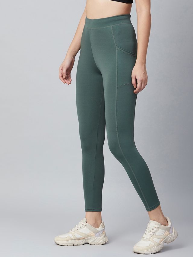 Blinkin Women's Gym Pants & Tights - Dark Green | Stretchable | With Side Pockets | M