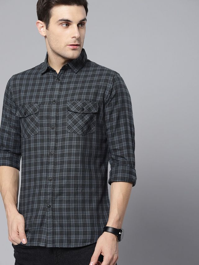 Dennis Lingo Men's Small Checkered Slim Fit Casual Shirt | Grey | M