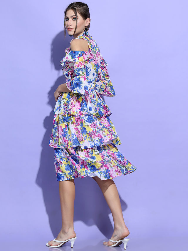 Tokyo Talkies Women's Floral Tiered Ruffled Dress | Pink And Blue - M