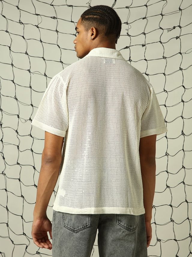 Hubberholme Men's Opaque Solid Cuban Collar Textured Fabric Oversized Casual Shirt | White - 38