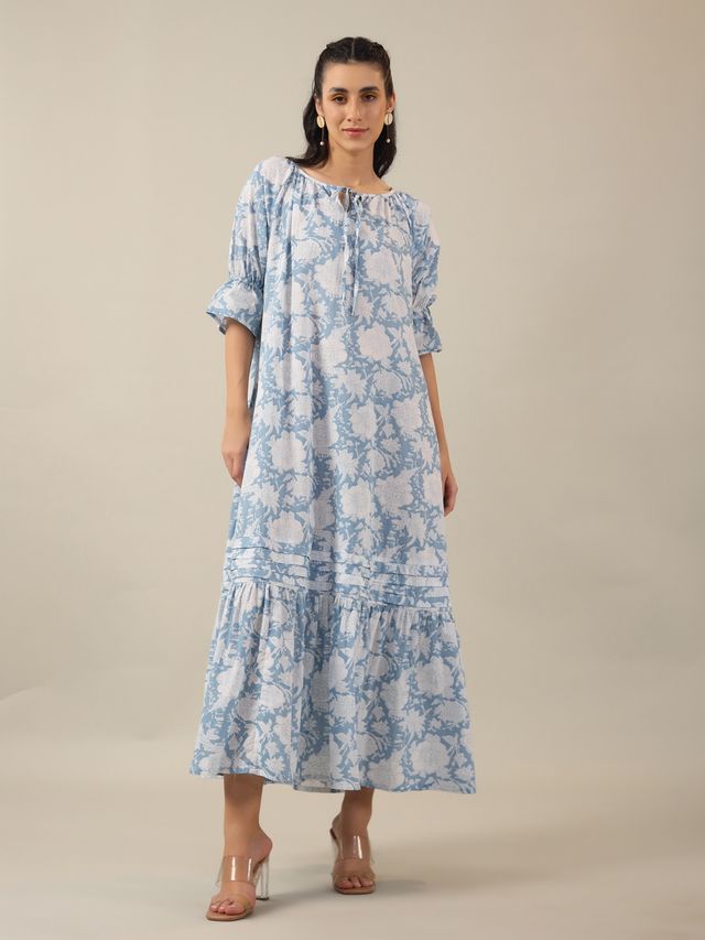 Sanskrutihomes Floral Printed Tie-Up Neck Puff Sleeves Cotton A-Line Midi Dress - Women | Blue | L