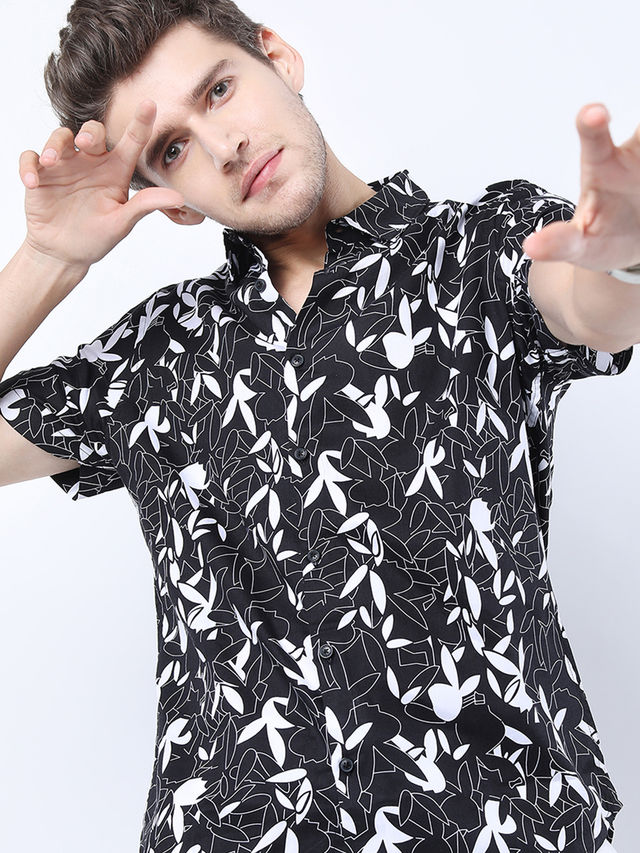 Ketch Mens Printed Casual Slim Fit Shirt | Black/White - L